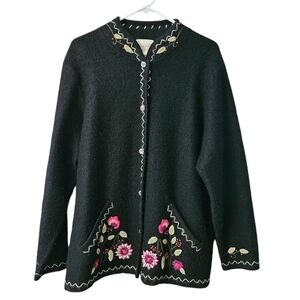 Studio Works Women's Wool Jacket Coat Embroidered Size Large Black Pink